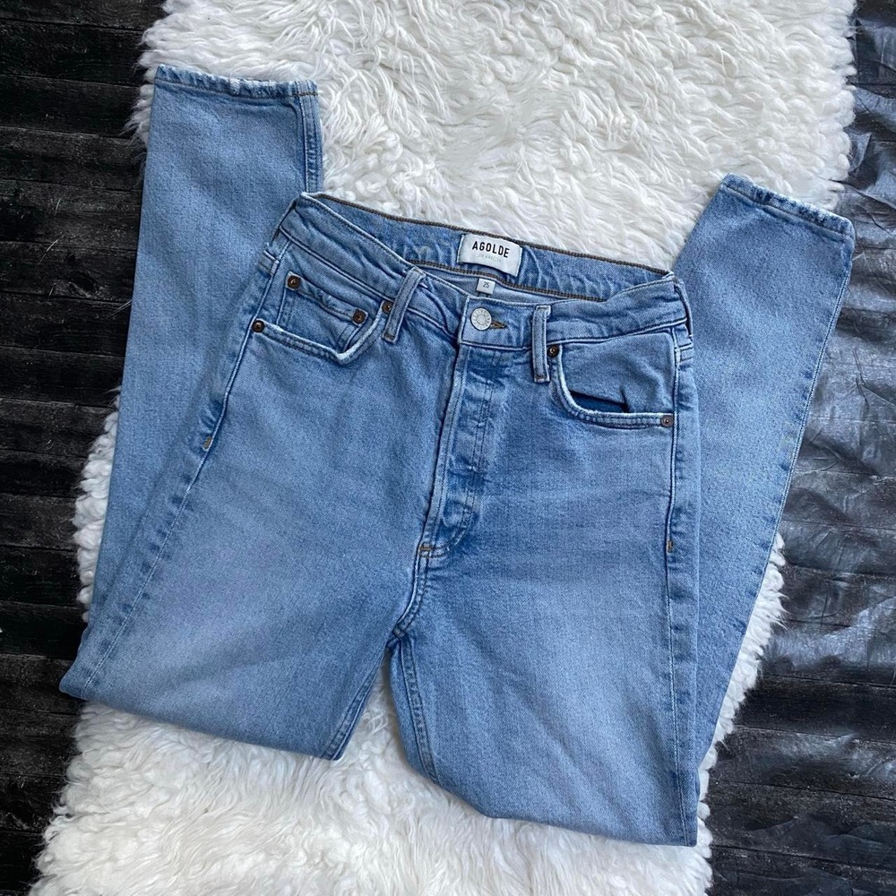AGOLDE BLUE MEDIUM WASH BUTTON FLY JEANS MID RISE SKINNY DENIM